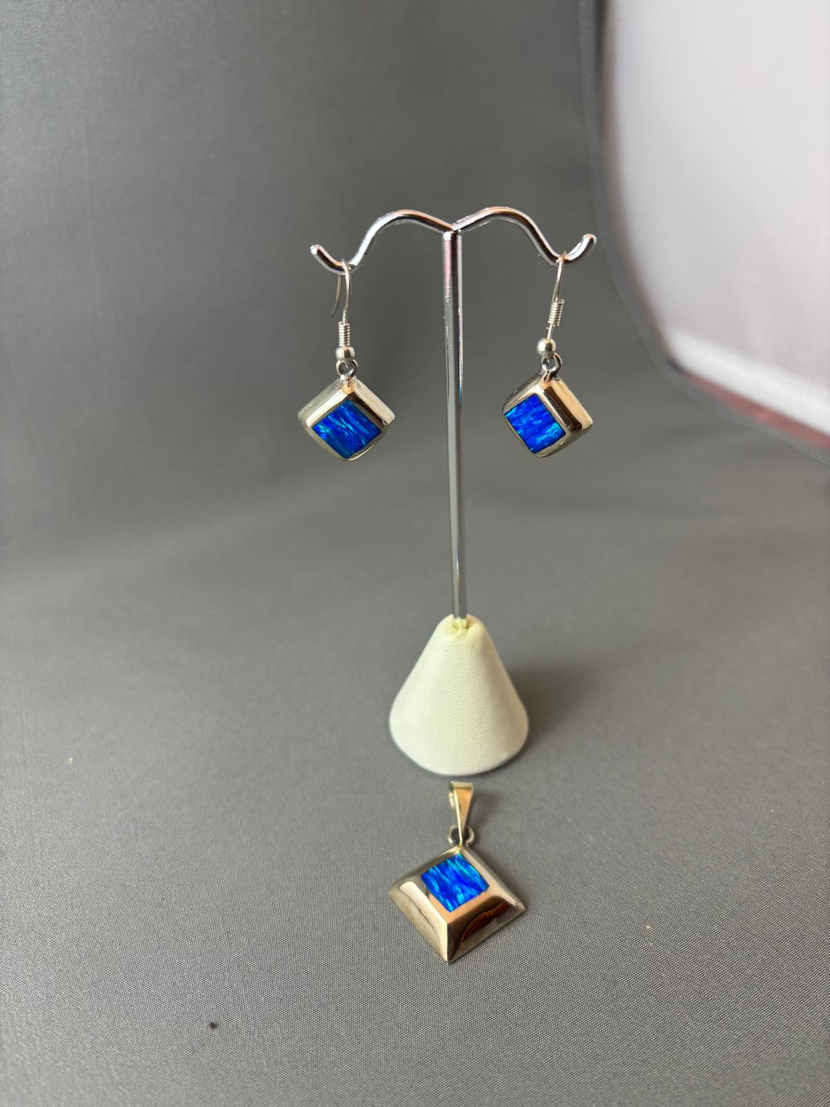 Iridescent Blue Synthetic Opal Alpaca Jewellery Set