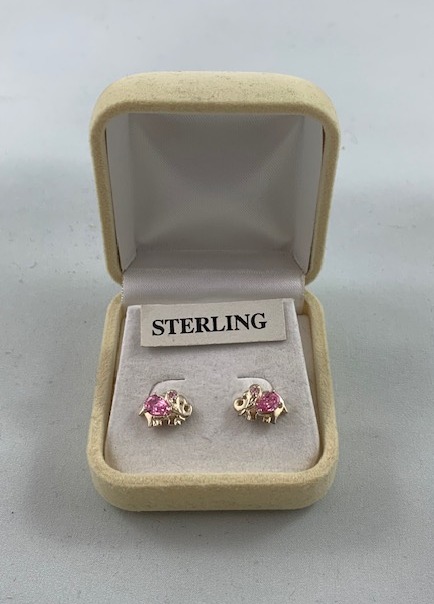 Sterling Silver Elephant Earrings with Pink Gemstones